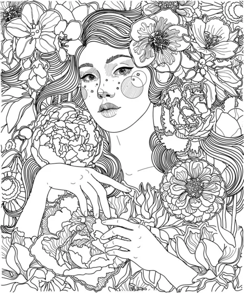 Ilustración Para Colorear Blanco Negro Chica Entre Flores Línea Calada — Vector de stock