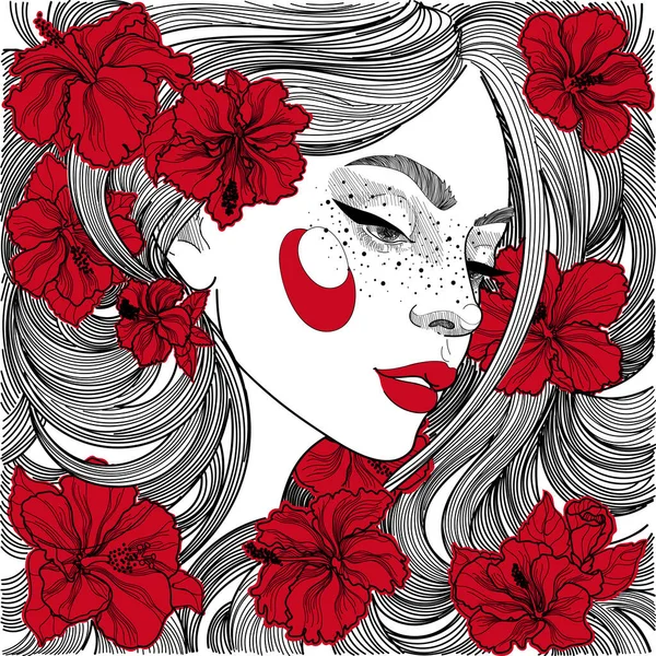 Beautiful Girl Profile Face Black White Coloring Ornament Bright Scarlet — Stock Vector