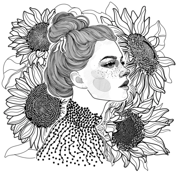 Cara Adorno Para Colorear Blanco Negro Hermosa Chica Perfil Ramo — Vector de stock