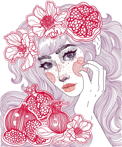 Όμορφη Νεράιδα Κορίτσι Λουλούδια Σικ Μαλλιά Και Κόκκινο Ώριμο Ζουμερό — Διανυσματικό Αρχείο