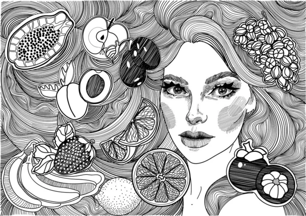 Ornamento Blanco Negro Dibujo Hermosa Chica Con Pelo Felpa Frutas — Vector de stock