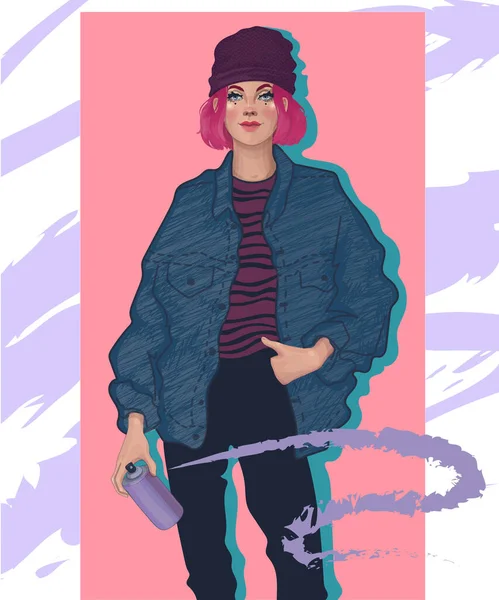 Stylish Fashionable Girl Rebel Pink Hair Holding Spray Paint Drawing — Stock Vector