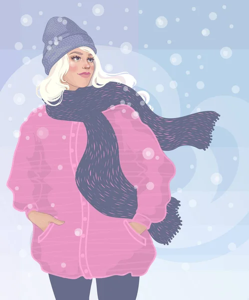 Красивая Молодая Блондинка Идущая Зимнюю Метель Розовом Пальто Милой Шляпе — стоковый вектор