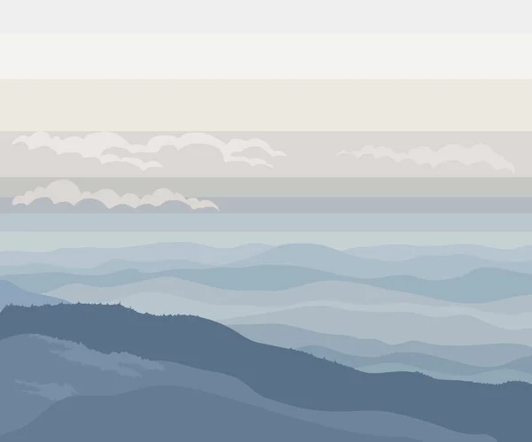 Minimalismo Azul Brumoso Paisaje Con Colinas Montañas — Vector de stock