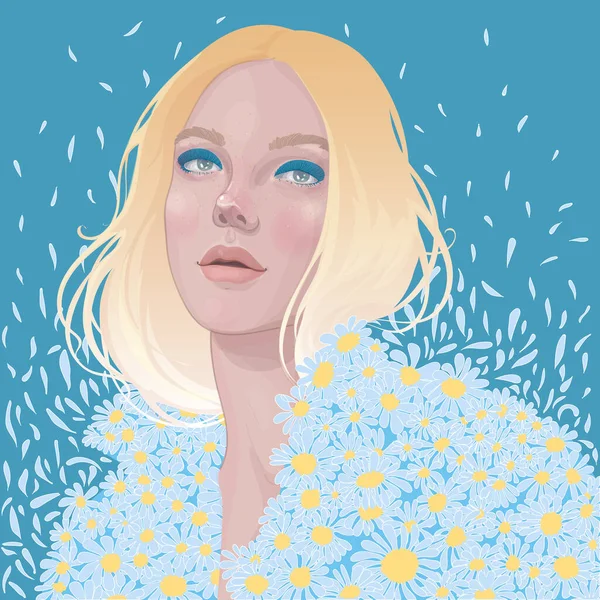 Belle Fille Blonde Ensoleillée Dans Une Veste Denim Fleurs Marguerite — Image vectorielle