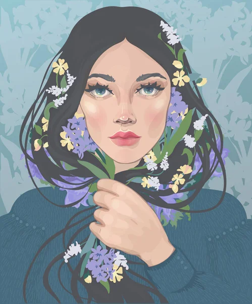 Belle Fille Aux Cheveux Bruns Avec Des Fleurs Printemps Fleurs — Image vectorielle