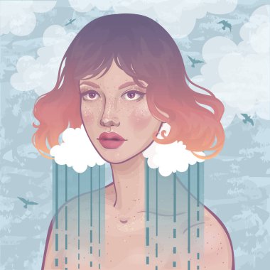portrait of a beautiful girl with rain cloud earrings clipart
