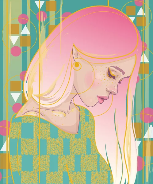 Perfil Una Hermosa Chica Con Pelo Rosa Pendientes Oro Pintura — Vector de stock