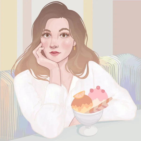Illustration Une Jolie Fille Dans Café Mangeant Une Crème Glacée — Image vectorielle