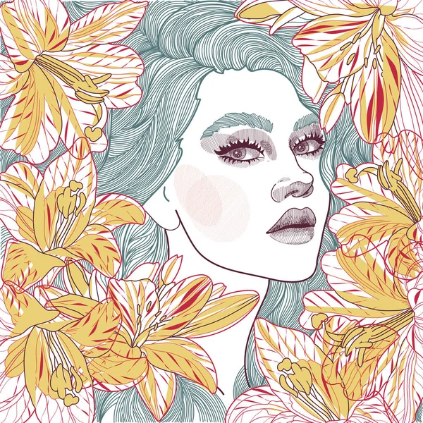 大きなユリの花の中で美しい少女の顔のイラスト — ストックベクタ
