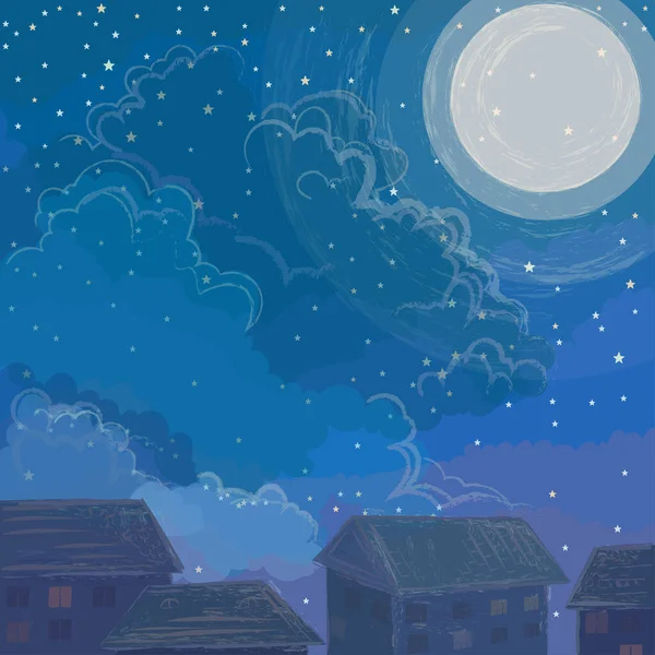 大きな月 素晴らしい雲や窓に輝く光を持つかわいい家 — ストックベクタ