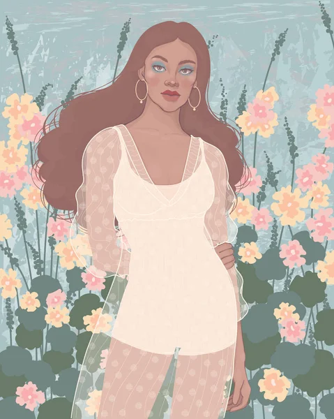 Hermosa Chica Negra Vestido Luz Blanca Encuentra Fondo Malva Flor — Vector de stock