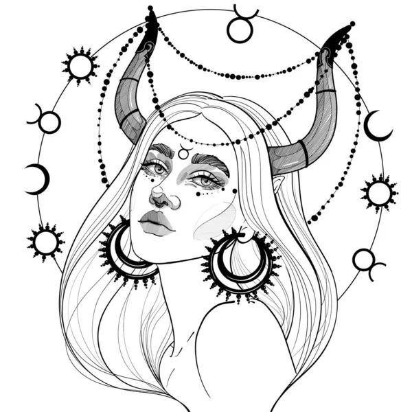 Black White Taurus Girl Horns Precious Jewelry — Stock Vector