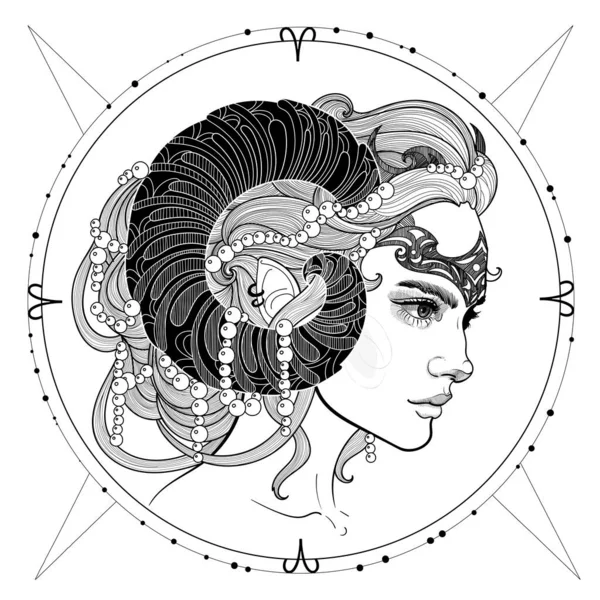 Czarno Białe Ilustracja Aries Dziewczyna Pięknymi Rogami Fryzura Korona — Wektor stockowy
