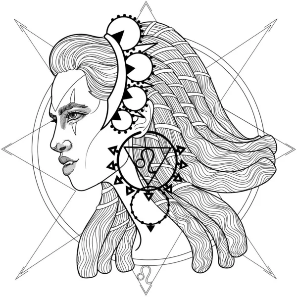 Schwarz Weiß Malbuch Profil Mädchen Löwenzähne Königin Göttin Tierkreiszeichen Horoskop — Stockvektor