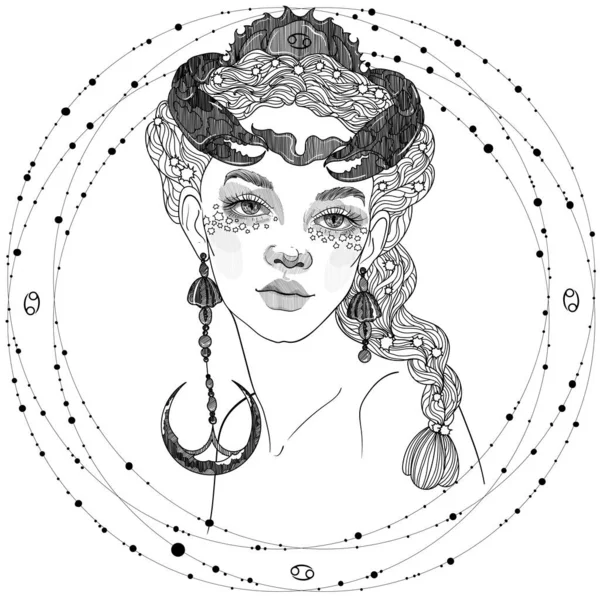 黒と白の彩色美少女癌カニ黄道サイン海の女神 — ストックベクタ