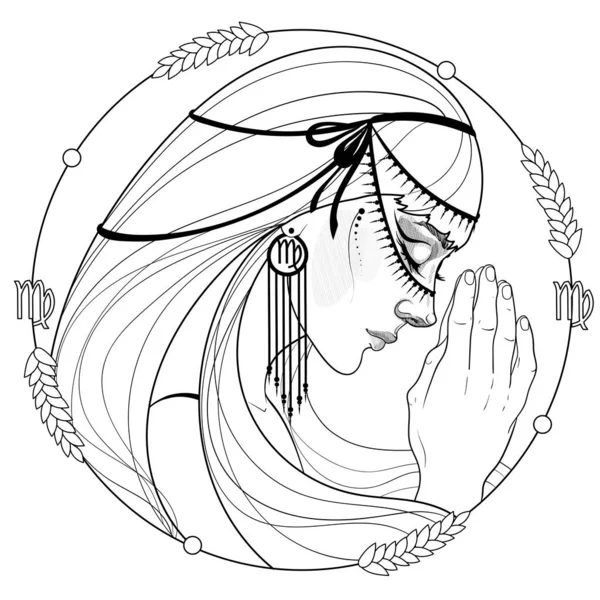 Чорно Біла Дівчина Діви Зодіаку Знак Стрічками Вухами Кукурудзи Єднав — стоковий вектор