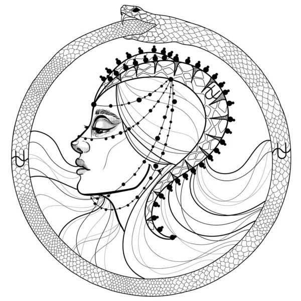 Czarny Biały Profil Dziewczyny Zodiak Zodiak Ophiuchus Bogini Węży Ouroboros — Wektor stockowy