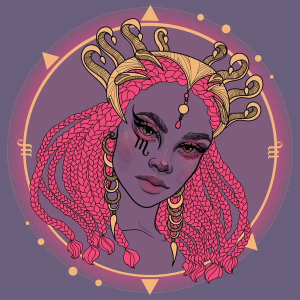 Chica Mujer Retrato Cara Astrológica Signo Del Zodiaco Horóscopo Scorpio — Vector de stock