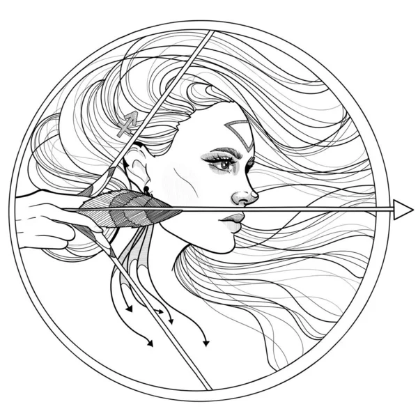 Schwarz Weißes Mädchen Sagittarius Horoskop Tierkreiszeichen Pfeil Und Bogen — Stockvektor