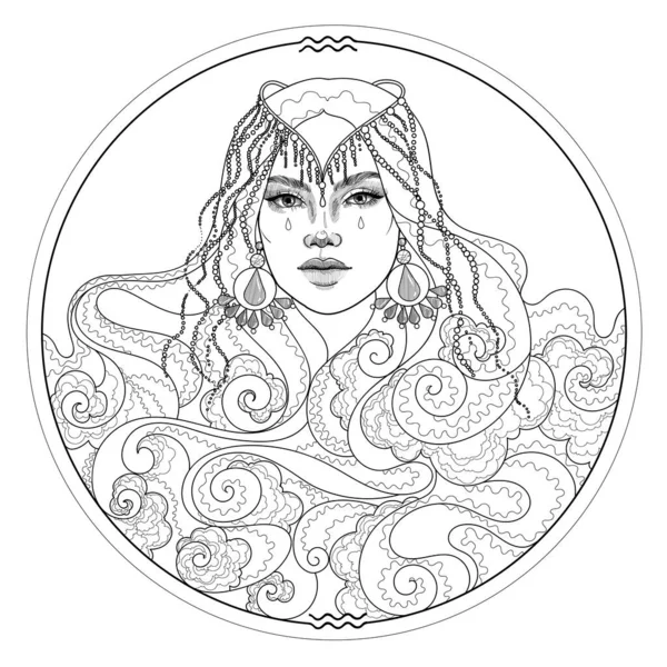 Черно Белая Девушка Волосами Волны Морского Аквариума — стоковый вектор