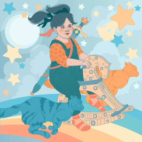 Petite Fille Avec Une Épée Deux Chats Court Sur Cheval — Image vectorielle