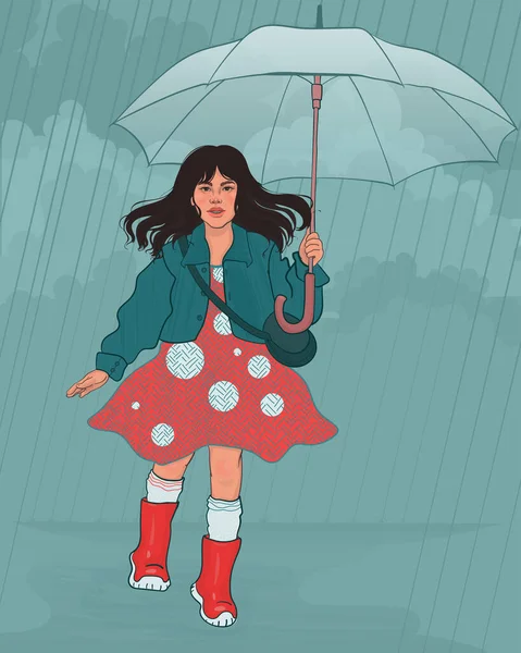 Petite Fille Aux Cheveux Noirs Enfant Avec Grand Parapluie Transparent — Image vectorielle