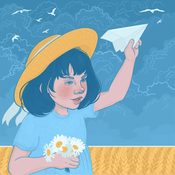 可爱的小女孩 戴着一顶帽子 手里拿着一束雏菊和一架纸飞机 背景是一片麦片 — 图库矢量图片