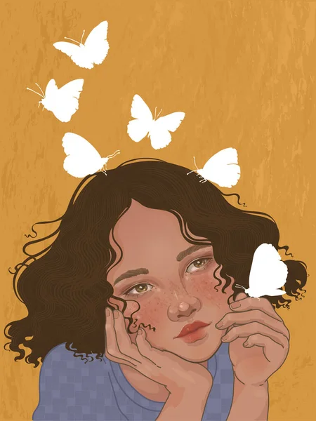 Young Dreamy Girl Shining Butterflies Her Thoughts Flying Away Distance — Stock Vector