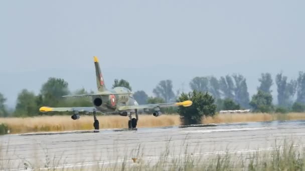 Avion de combat militaire à réaction L-39 Ralentir après l'atterrissage au ralenti — Video