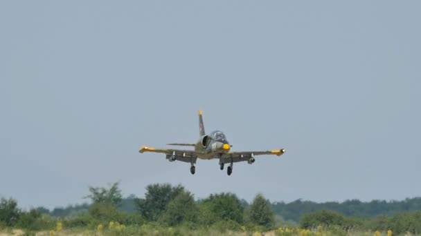 Armado Militar Jet Trainer Aeronave Aero L-39 Albatros desembarque em câmera lenta — Vídeo de Stock