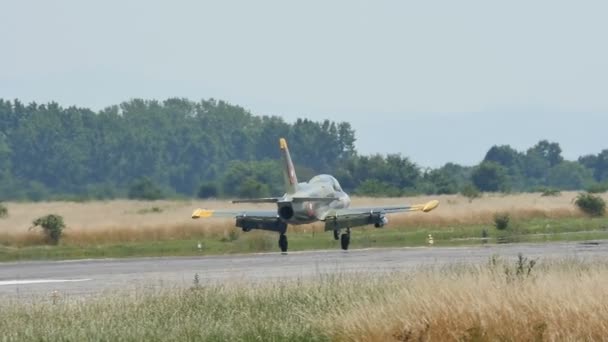 Ralentissement au ralenti après l'atterrissage d'un avion d'entraînement militaire à réaction armé — Video