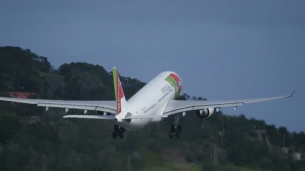 TAP Air Portugal 'ın Airbus A330 CS-TOM Madeira Havaalanı' ndan havalandıktan sonra tırman — Stok video