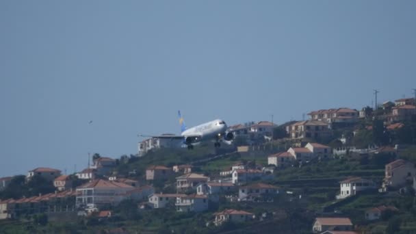 Airbus A 321 OY-VKT Thomas Cook Madeira Havaalanı 'na iniyor. — Stok video