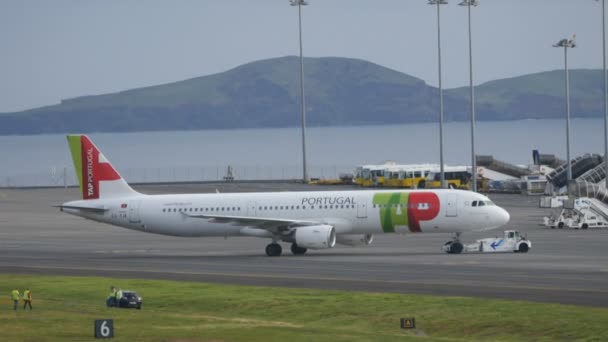 Avião Airbus A321 da TAP Portugal puxado de volta por um Tracktor na Madeira 4K — Vídeo de Stock