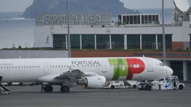 Ampliar los aviones de pasajeros estacionados en el aeropuerto de Madeira. 4K Ultra HD — Vídeos de Stock