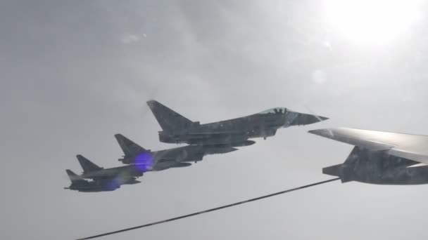 Military Fighter Combat Jet Aircrafts Formation Eurofighter Air to Air in Flight — Stock Video