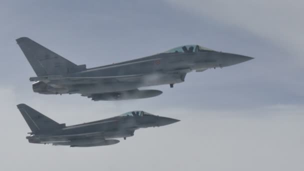 Military Fighter Combat Jet Aircrafts Formation Eurofighter Air to Air in Flight — Stock video