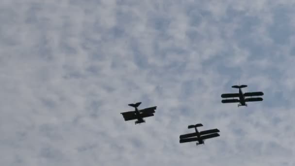 Formation von Doppeldecker- und Dreidecker-Oldtimern im Flug — Stockvideo