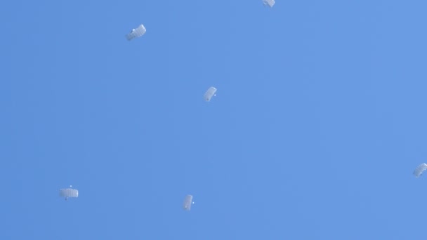 Militaire parachutisten met witte parachutes in de lucht boven het slagveld — Stockvideo