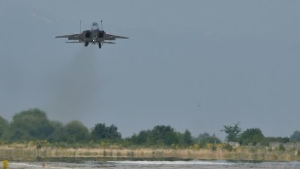 Militaire gevechtsvliegtuig McDonnell Boeing F15 Eagle Trek het landingsgestel in — Stockvideo