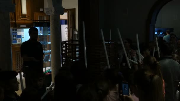 Esperimento ad alta tensione con bobina Tesla e tubi al neon al Museo Nikola Tesla — Video Stock