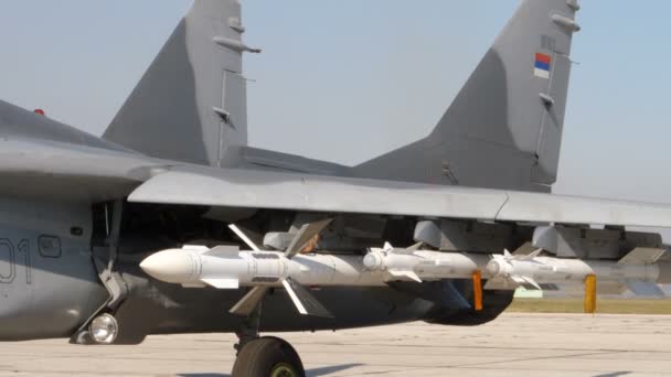 Air to Air Modern Russian Missilies mounted under the Wing of a Combat Aircraft — Stock Video