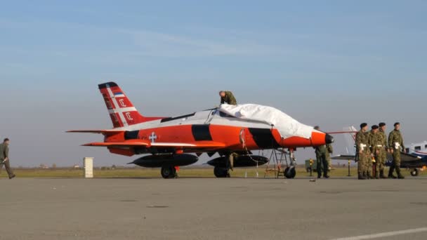 Special Color Soko G-3 Super Galeb Training Military Aircraft Serbian Air Force — Stock Video
