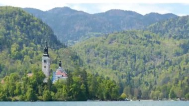 Bled Lake Adası 'nda 4K UHD cennet Slovenya Apls' ta Kilise Hiperlapa 'sı