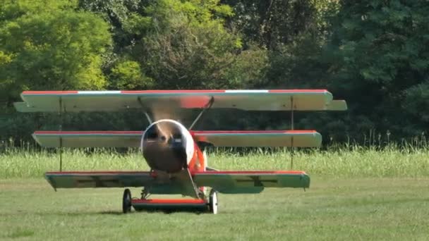 Vintage Red Baron Triplane aas van de Eerste Wereldoorlog belastend op een grasveld — Stockvideo