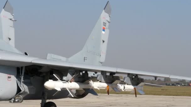 Missiles under the wing of a Soviet Era Supersonic Interceptor Belgrade Air Base — Stock Video