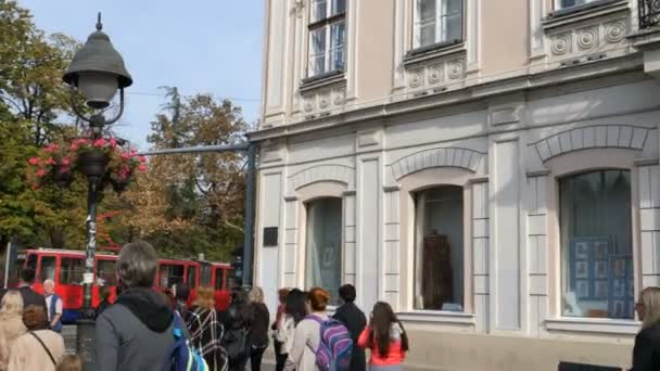 Τουρίστες στο εμπορικό δρόμο στο κέντρο της πόλης του Βελιγραδίου — Αρχείο Βίντεο