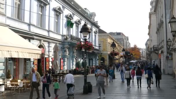 Καταστήματα και άνθρωποι στο δρόμο για ψώνια στο κέντρο της πόλης του Βελιγραδίου — Αρχείο Βίντεο