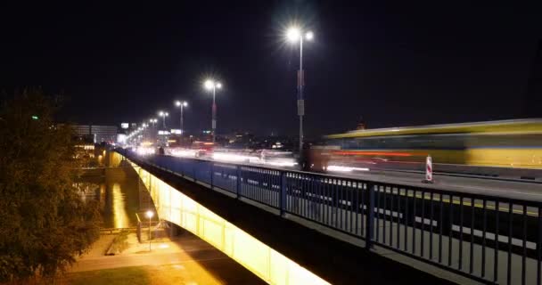 Nocny Timelapse of Cars with Light Trails over the Sava River Bridge w Belgradzie — Wideo stockowe